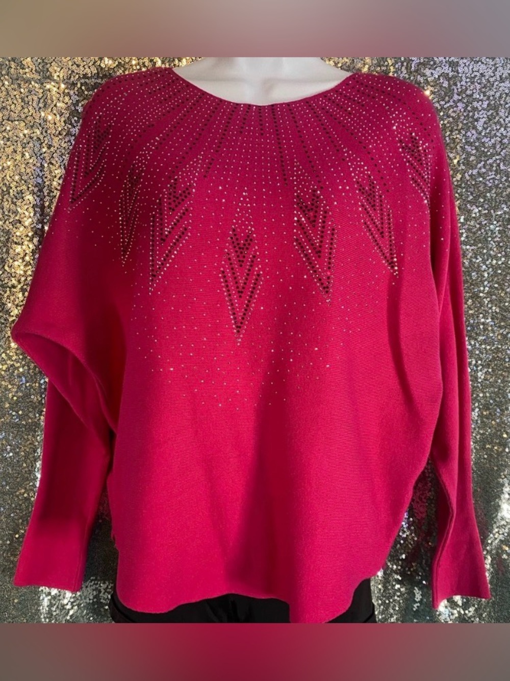 Luna Hot Pink Rhinestone Dolman Sweater Boatneck Statement Top Size M